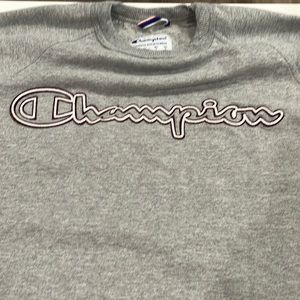 Grey Champion Sweatshirt with Red/White Stripes on Sleeve